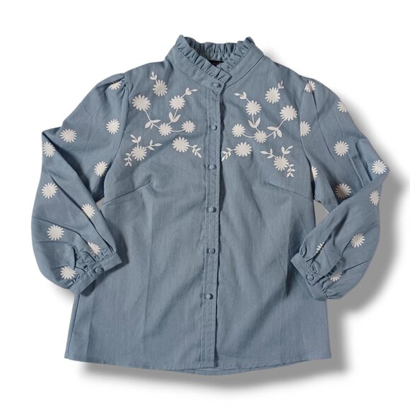 Simplee Womens Top Light Blue Mock Neck Puff Sleeve Folk Blouse Shirt Size XS - Picture 1 of 7